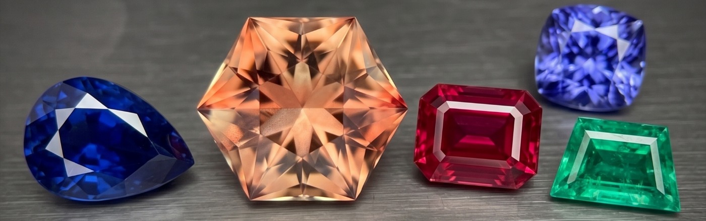 Cut gemstones in several colours and fancy shapes
