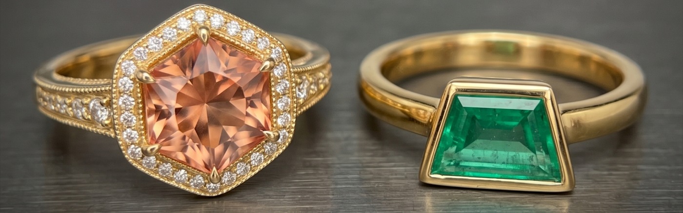 Two finished gold rings set with fancy-cut stones